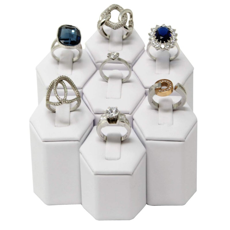 Mooca Ring Stand Holder Display Tower Jewelry Organizer, Ring Display Holder, Pedestals Display 7 Pcs Set Perfect for Showcase, White Faux Leather - Image 2